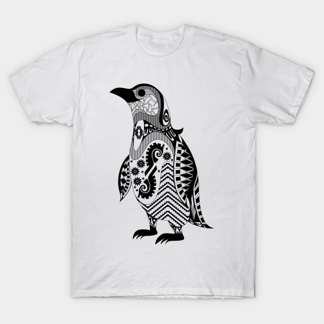 the magical penguin in ecopop mexican patterns art T-Shirt by jorge_lebeau